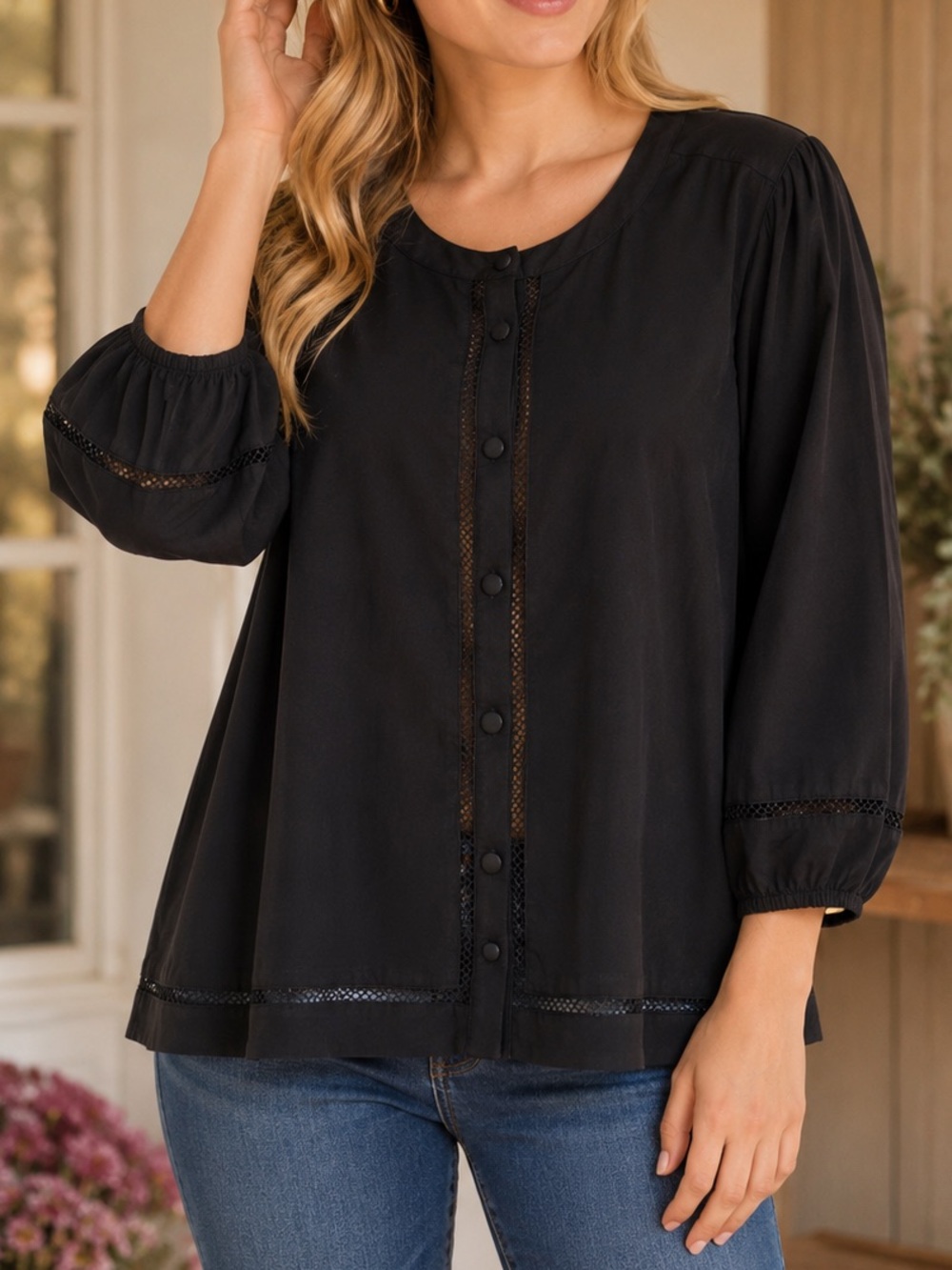 Reitmans 100% Cotton Black Button Front Blouse XL Mesh Trim Long Sleeve